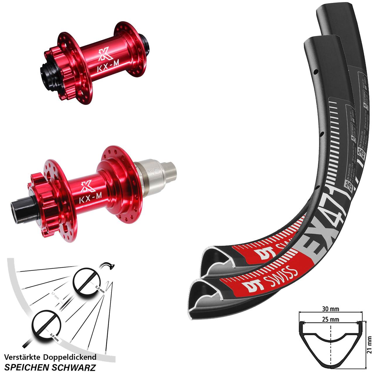 26 Zoll DT Swiss EX 471 Disc Laufradsatz 12x100/142 KX-M rot SRAM XD