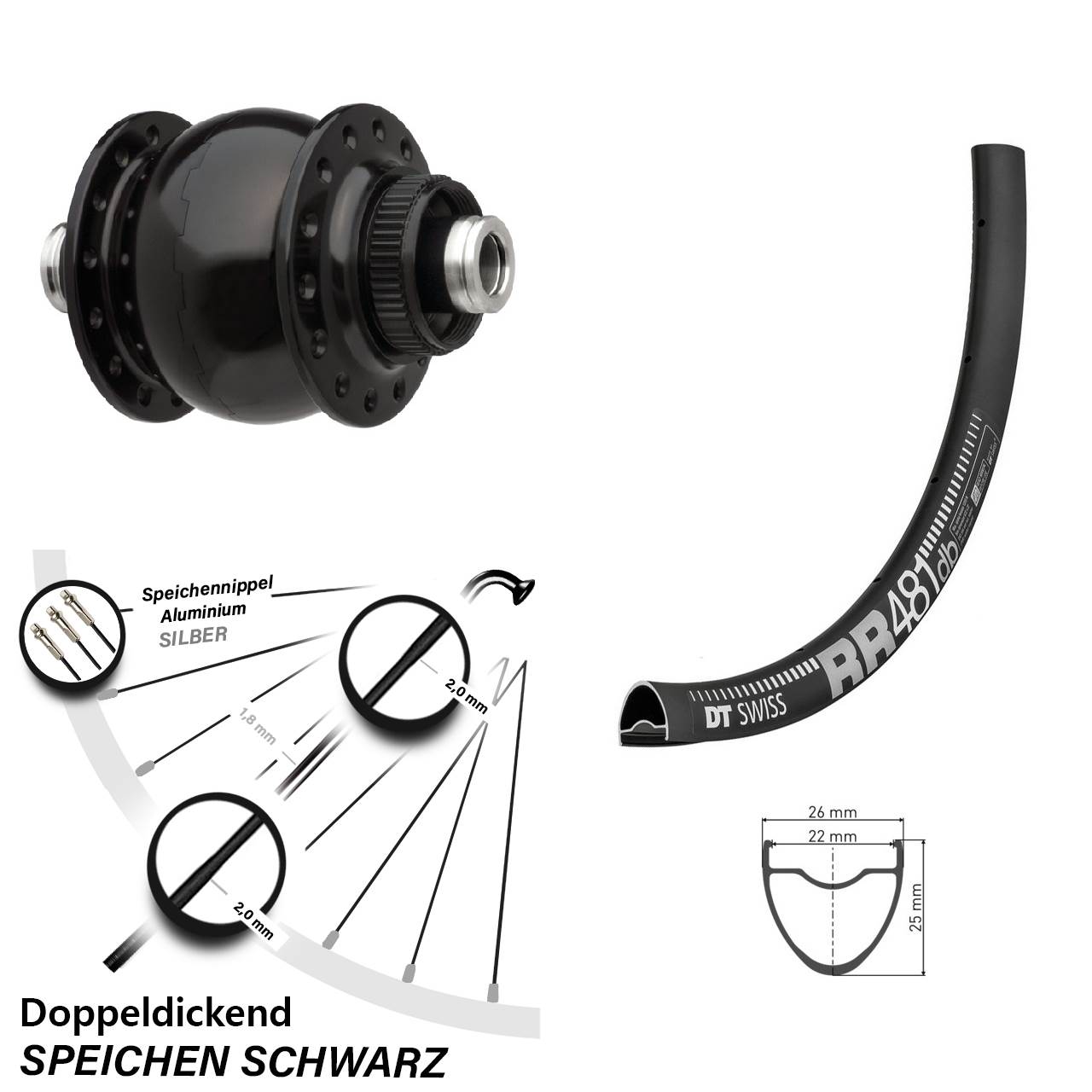 28 Zoll Nabendynamo Vorderrad für Steckachse DT Swiss R 481 Son 28-12 Centerlock
