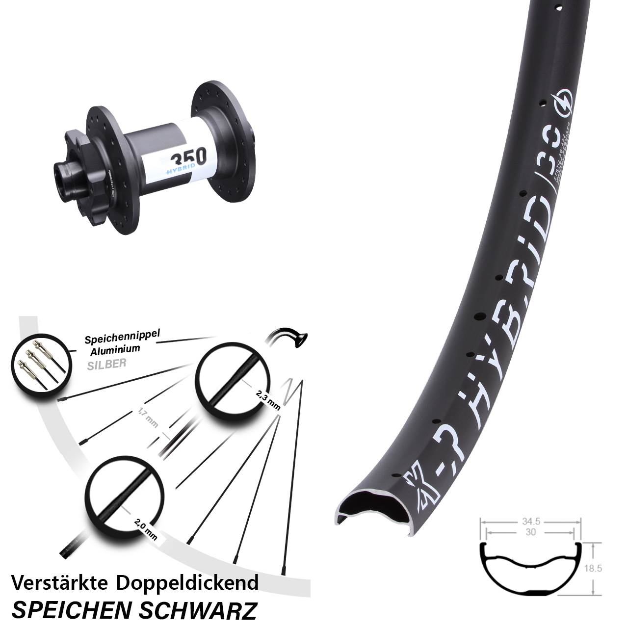 DT Swiss 350 E-Bike Boost 15x110 mm KX-R Hybrid 30 Vorderrad 29 Zoll 30-622 ETRTO 6-loch