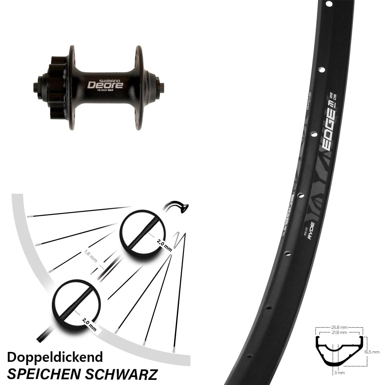 28-29 Zoll Ryde Edge M22 Shimano Deore Vorderrad 6-Loch QR