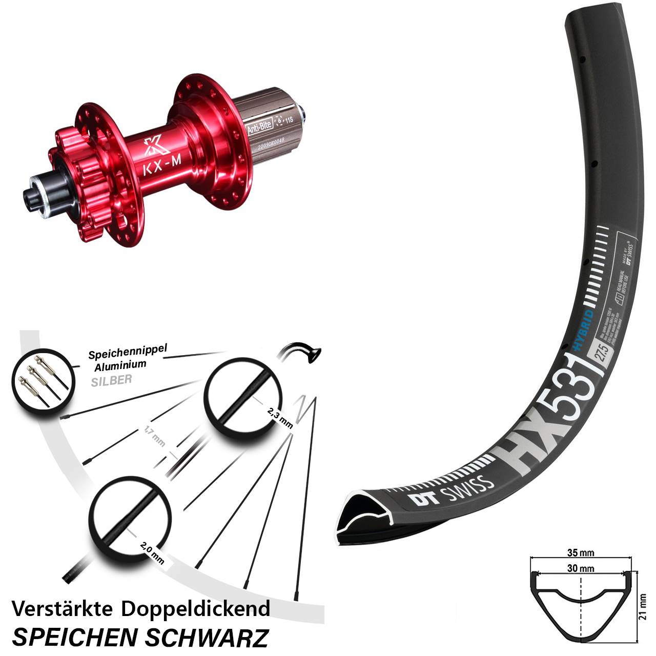 DT Swiss HX 531 KX-M rot 29 Zoll Hinterrad 6-Loch für Schnellspanner 8-12 fach