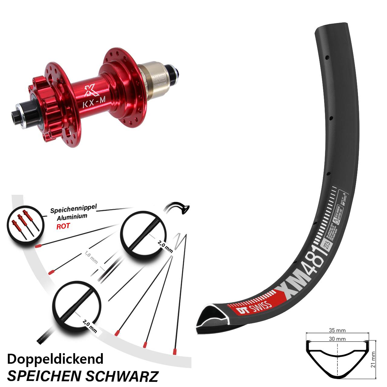27,5 Zoll DT Swiss XM481 KX-M rot 6-Loch Hinterrad QR XD