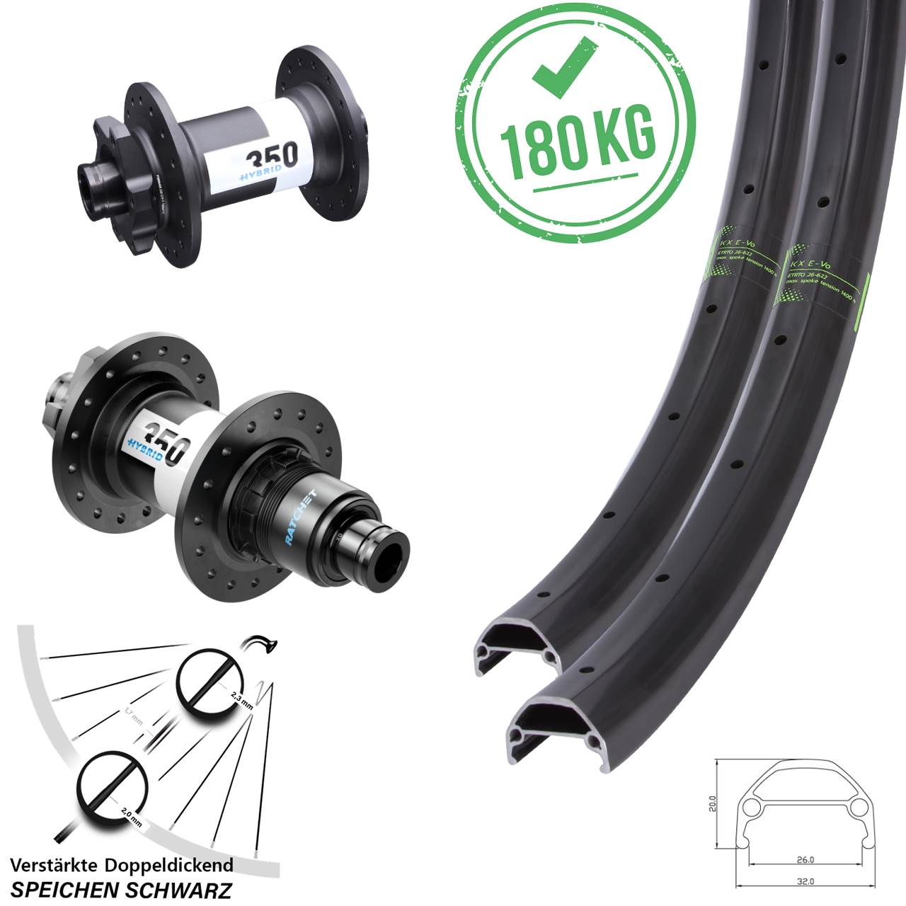 Boost Laufradsatz 6-Loch 15x110 12x148 26 Zoll KX Evo DT Swiss 350 Hybrid XD
