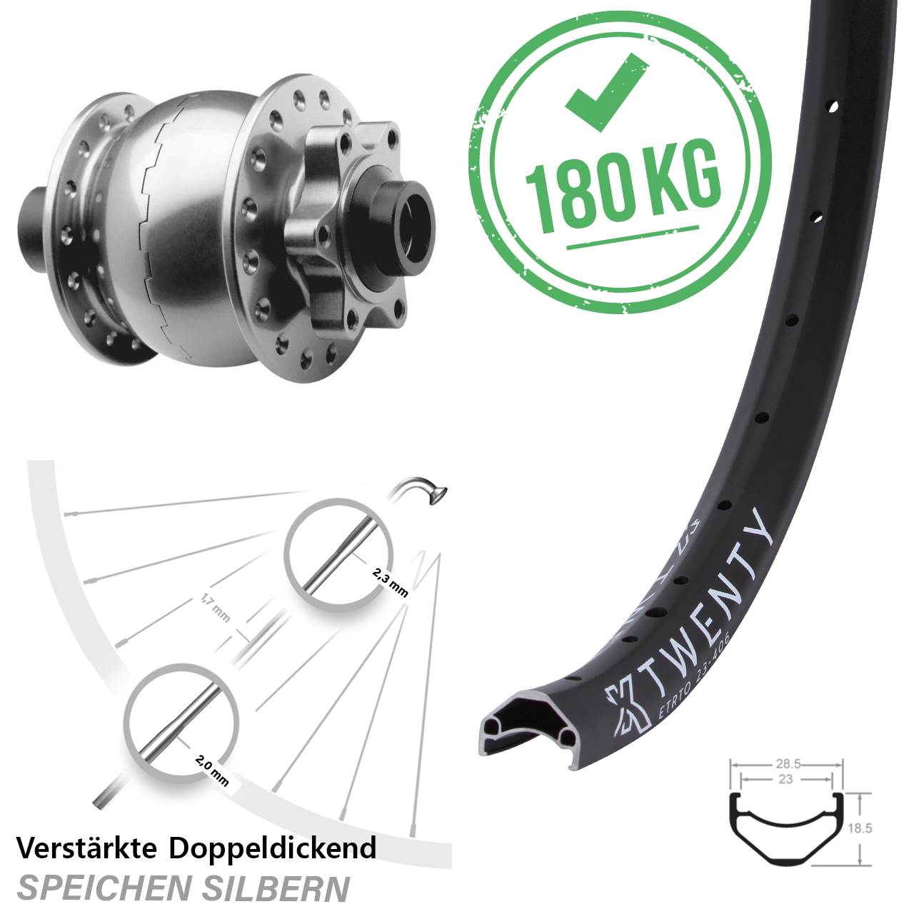 Vorderrad 20 Zoll KX Twenty SON 28 15x100 6-Loch silbern eloxiert