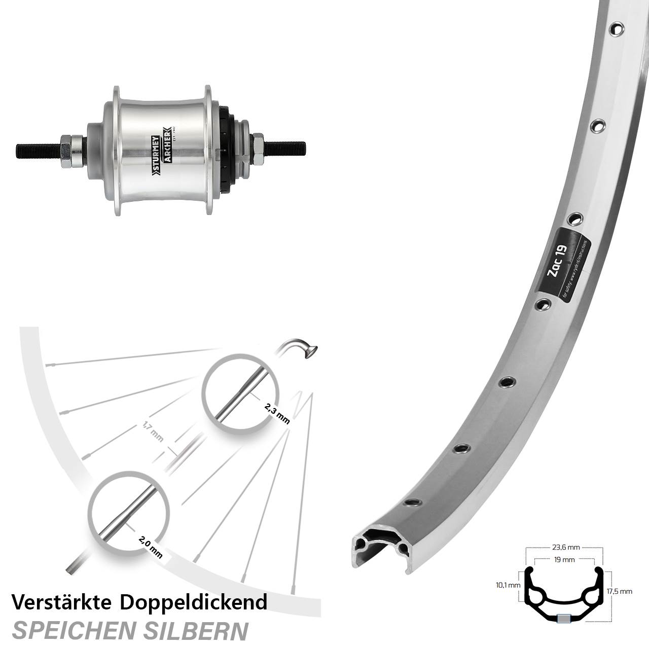 26 Zoll Ryde ZAC 19 Sturmey Archer Automatic A2K Hinterrad silbern