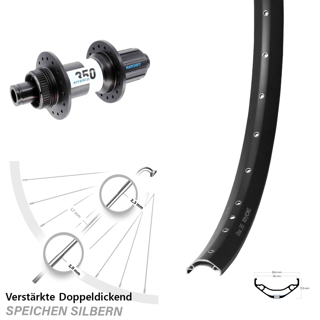 Hinterrad 29 Zoll Ryde Disc 35 DT Swiss Hybrid 350 8-11 fach 12x148
