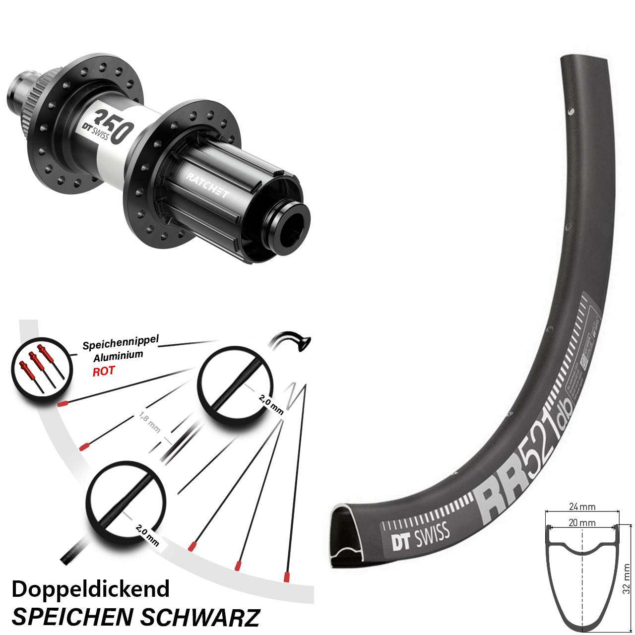 Hinterrad 28 Zoll RR 521 DT Swiss 350 Road Disc 12x142 mm 8-12-Fach HG