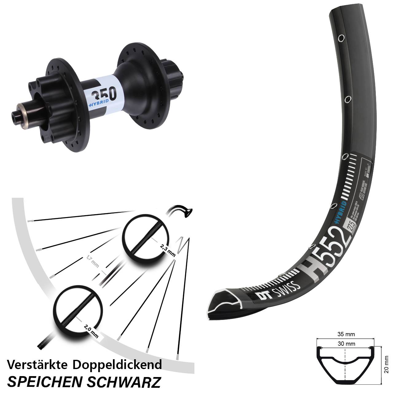 Hinterrad 27,5 Zoll DT Swiss H552-350 Hybrid 6-Loch Singlespeed 5x135