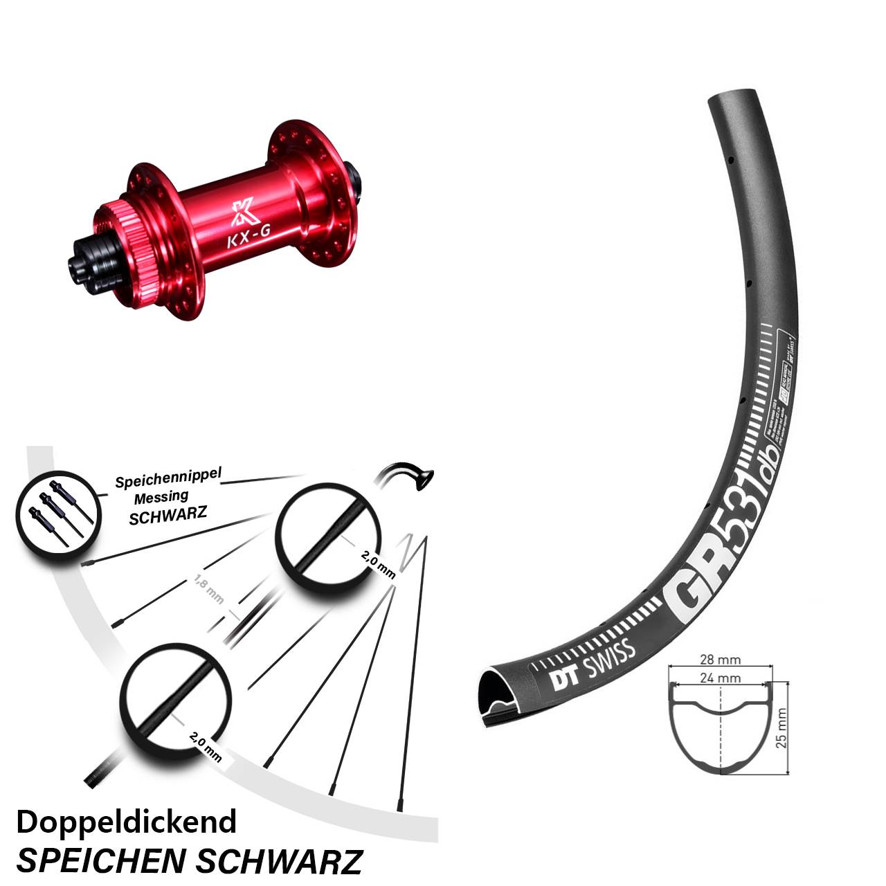 28-29 Zoll Vorderrad KX-G Nabe rot-eloxiert 5x100 DT Swiss GR 531 DB Centerlock