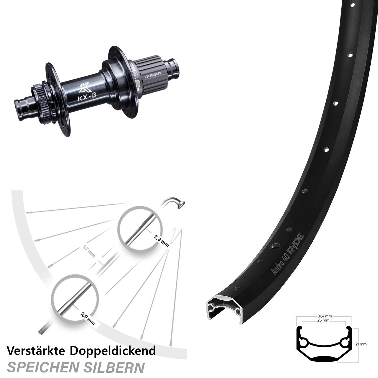 20 Zoll Ryde Andra 40 KX-BS Disc Laufrad 12x148 Shimano Micro Spline