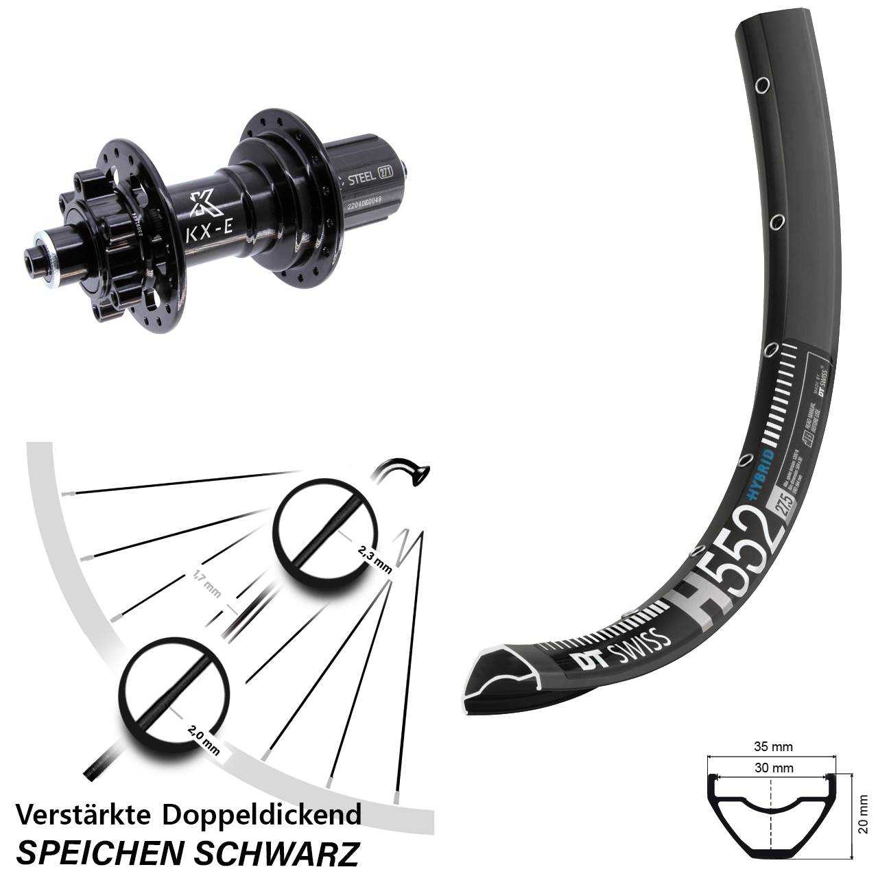 Disc Hinterrad 29 Zoll DT Swiss H552 KX-E Heavy Duty 8-12 fach HG für Schnellspanner Boost