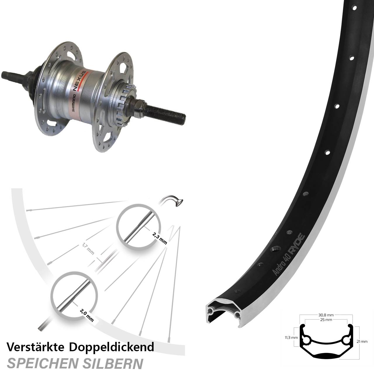 28 Zoll Ryde Andra 40 Hinterrad Shimano 3 Gang freilauf