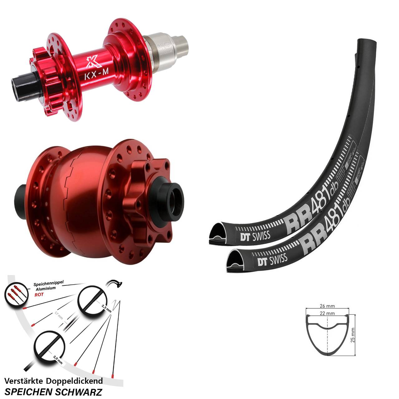 Disc Laufradsatz DT Swiss RR 481 KX-M rot SON 28 Zoll SRAM XD 15x100 12x142