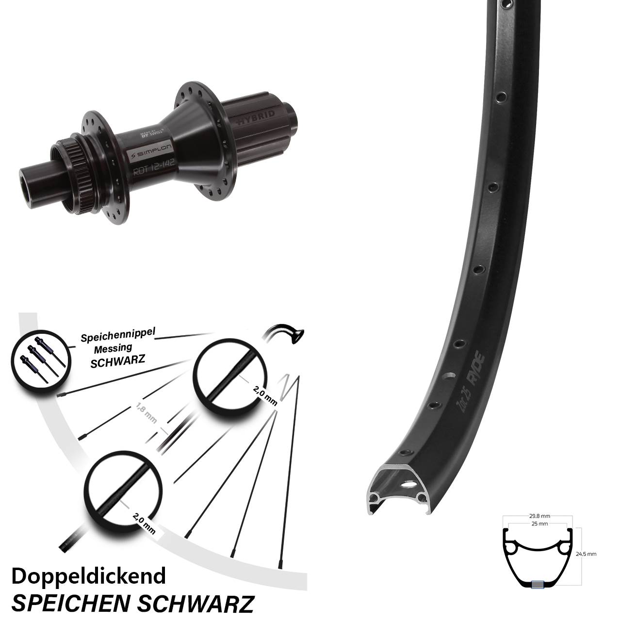 28-29 Zoll Ryde ZAC 25 DT Swiss 370 Hybrid Hinterrad Centerlock 12x142 8-11 fach HG
