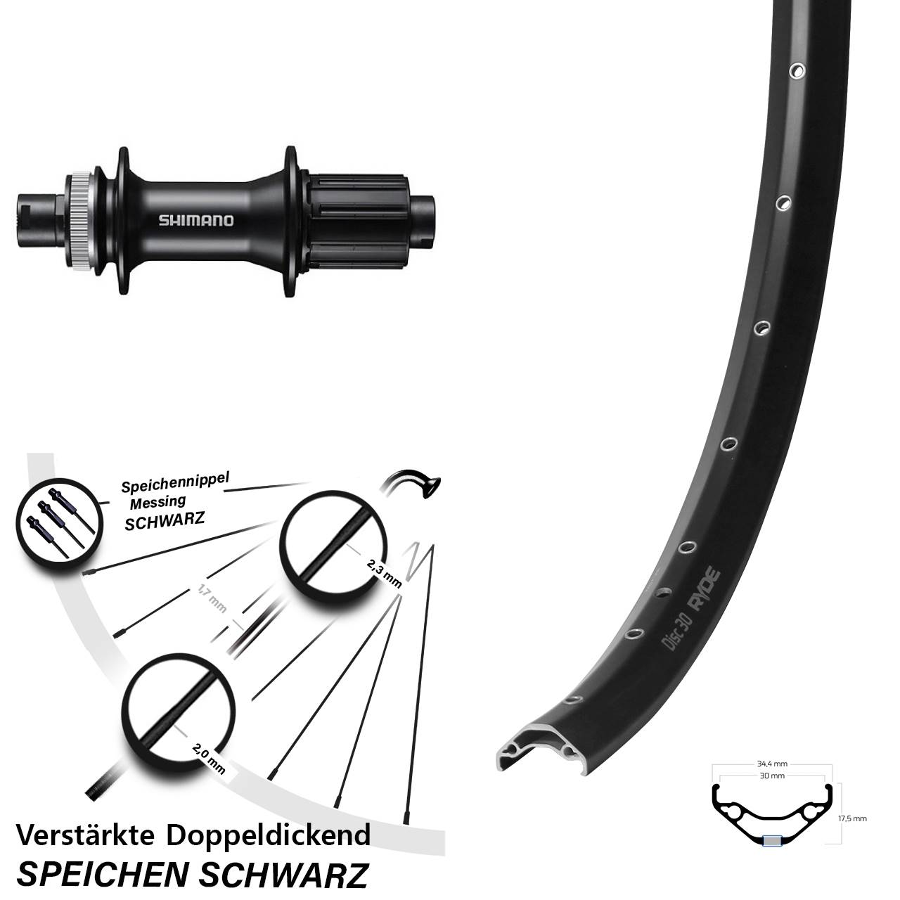 Centerlock Hinterrad 29 Zoll Ryde Disc 30 Shimano FH-MT400 8-11 fach HG 12x142