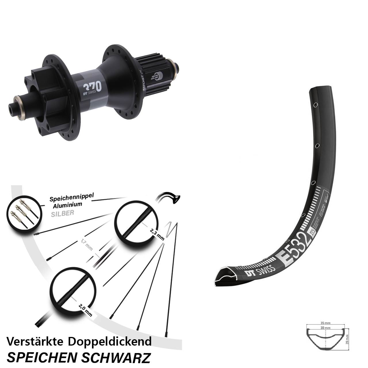 29 Zoll DT Swiss E 532-370 Hybrid Hinterrad 6-Loch Disc QR Shimano Micro Spline