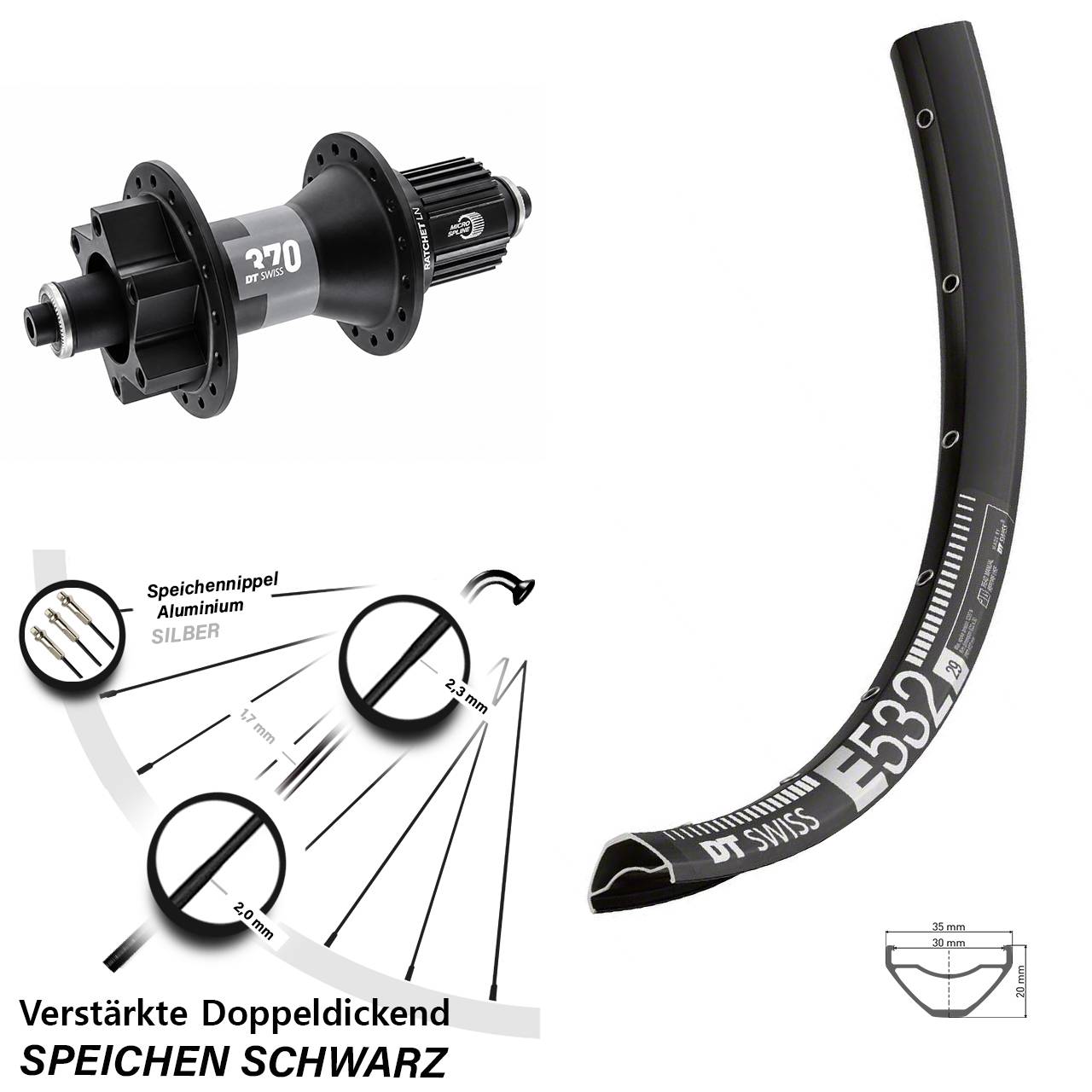 29 Zoll DT Swiss E 532-370 Hybrid Hinterrad 6-Loch Disc QR Shimano Micro Spline