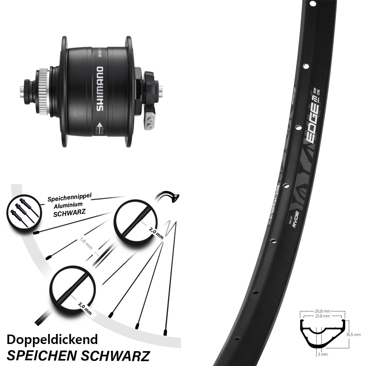 Nabendynamo-Vorderrad 28-29 Zoll Ryde Edge M22 OS Shimano DH-3D37 5x100 Centerlock