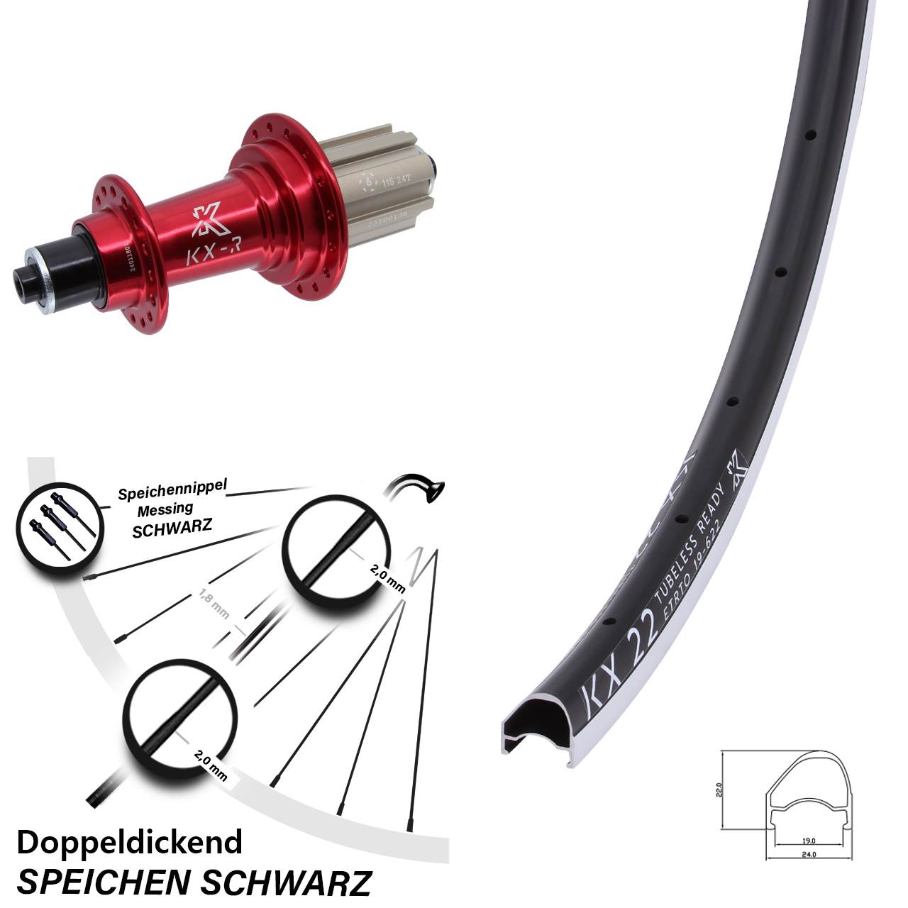 Hinterrad 28 Zoll KX 22 OS KX-R rot Campa 8-12 fach QR