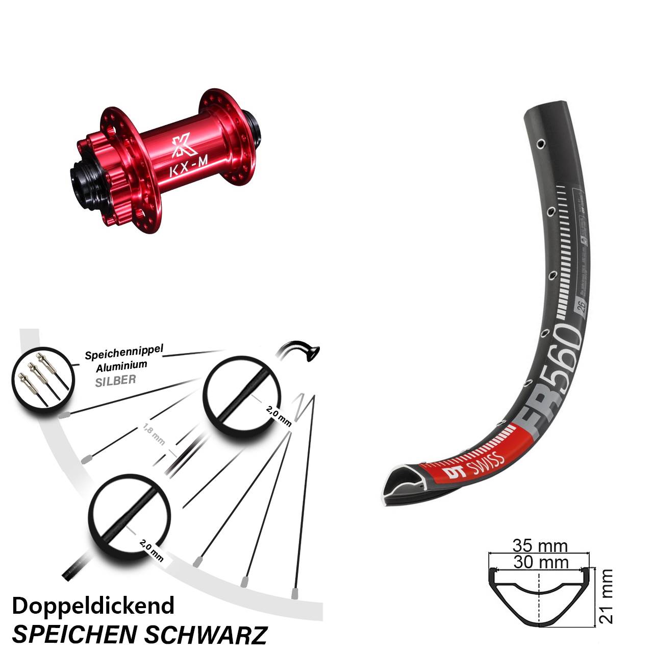 Vorderrad 6-Loch 26 Zoll DT Swiss FR 560 KX-M rot 15x100