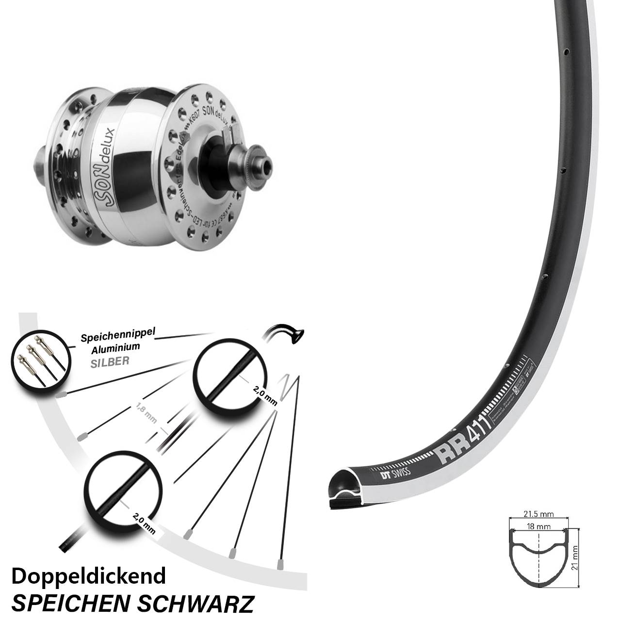 Nabendynamolaufrad für Schnellspanner 28 Zoll DT Swiss RR411 SON delux