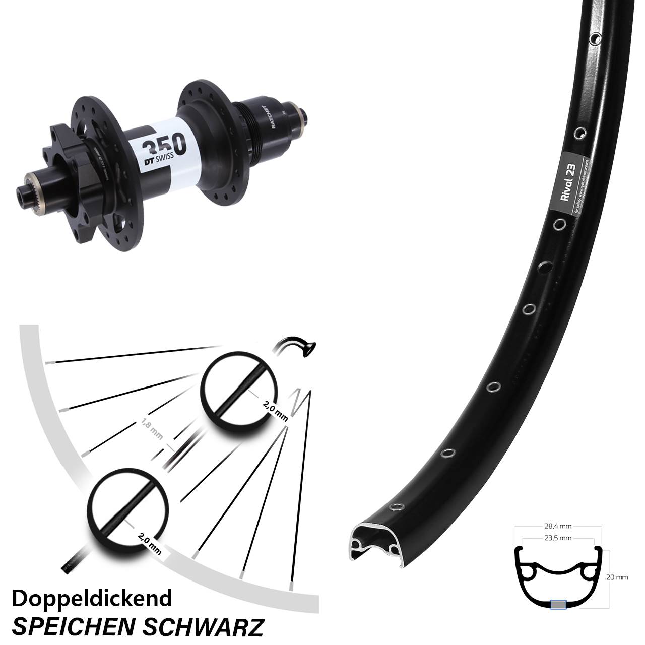 27,5 Zoll Ryde Rival 23 DT Swiss 350 Disc Laufrad für Schnellspanner XD
