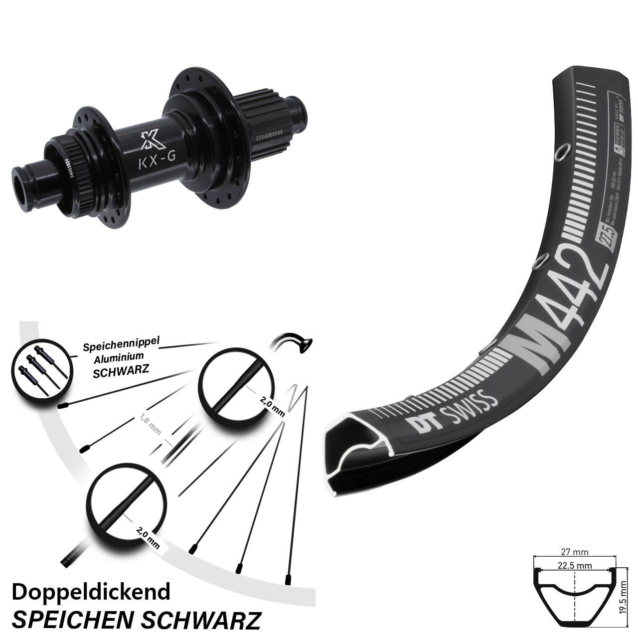 28 Zoll DT Swiss M 442 Hinterrad KX-GS Micro Spline 12x142