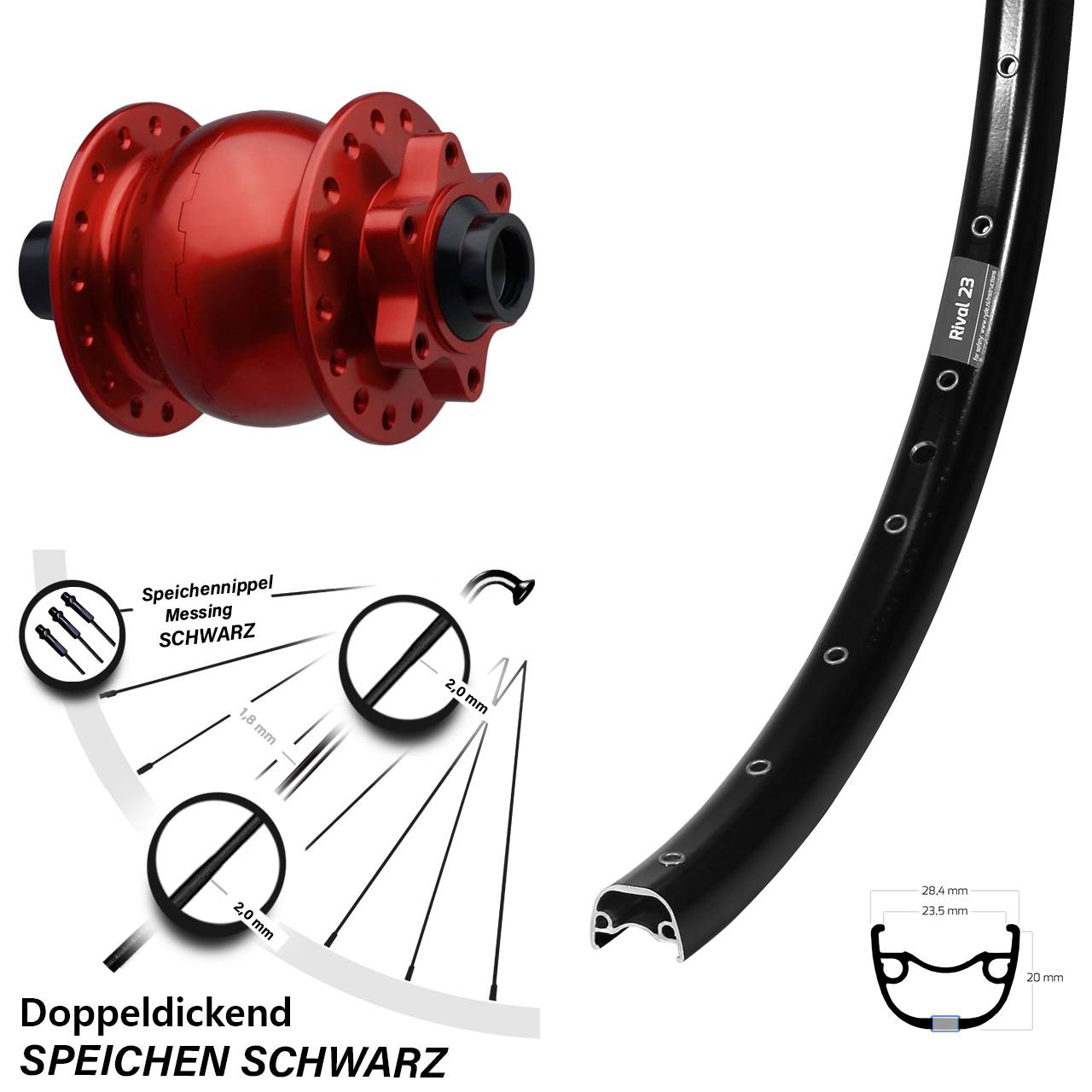 Boost Nabendynamovorderrad 6-Loch 15x110 27,5 Zoll Ryde Rival 23 SON 28 rot