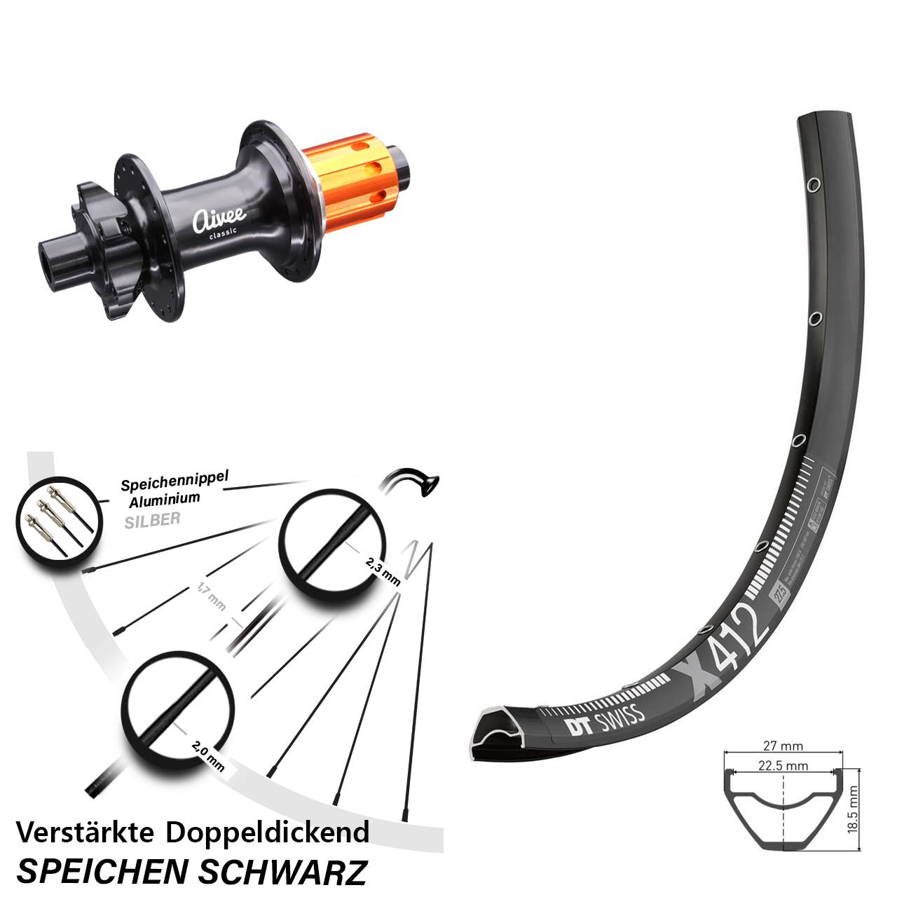 28-29 Zoll DT Swiss X412 Aivee Classic Disc Hinterrad 12x148 8-12 fach