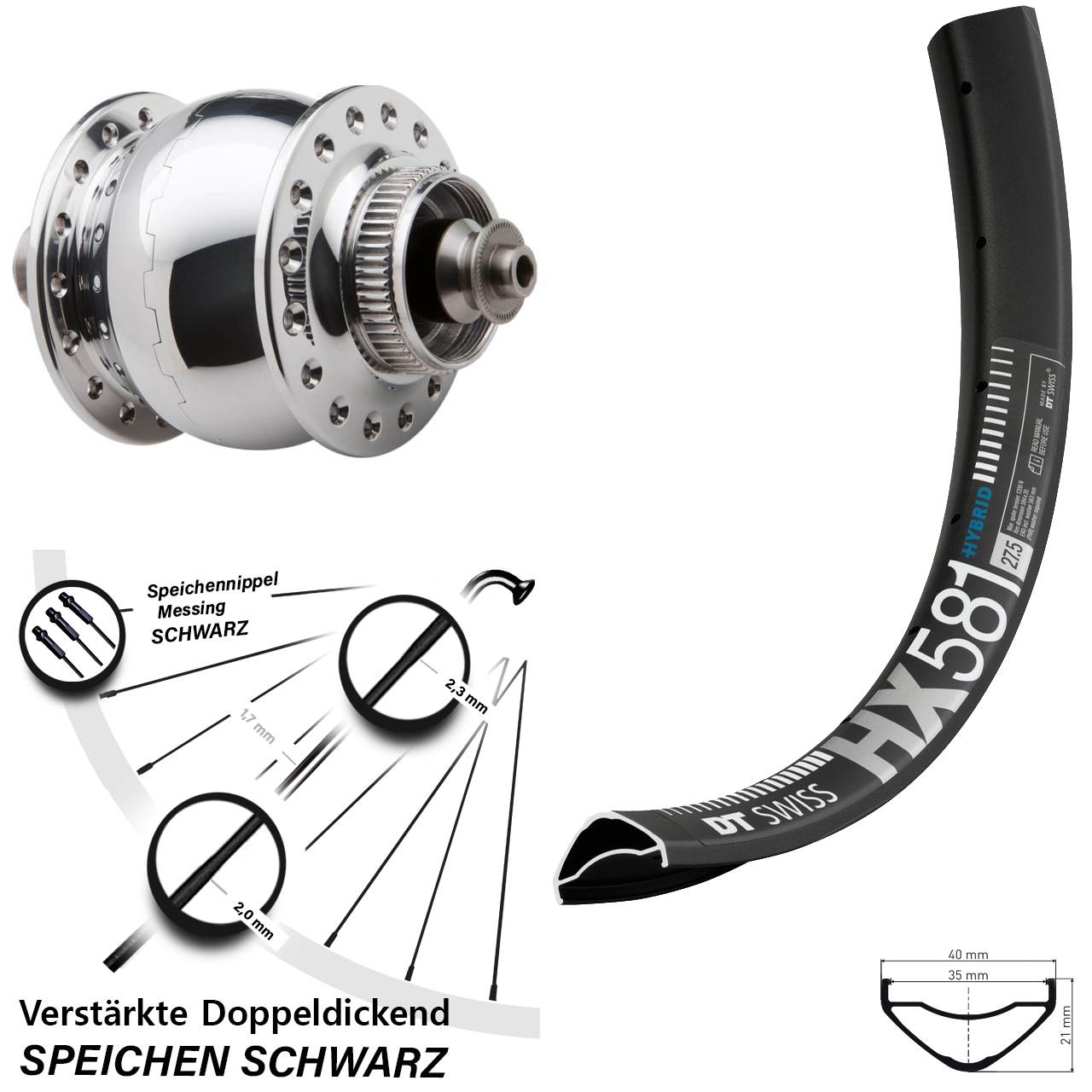 SONdelux DT Swiss HX 581 27,5 Zoll Nabendynamovorderrad Centerlock QR