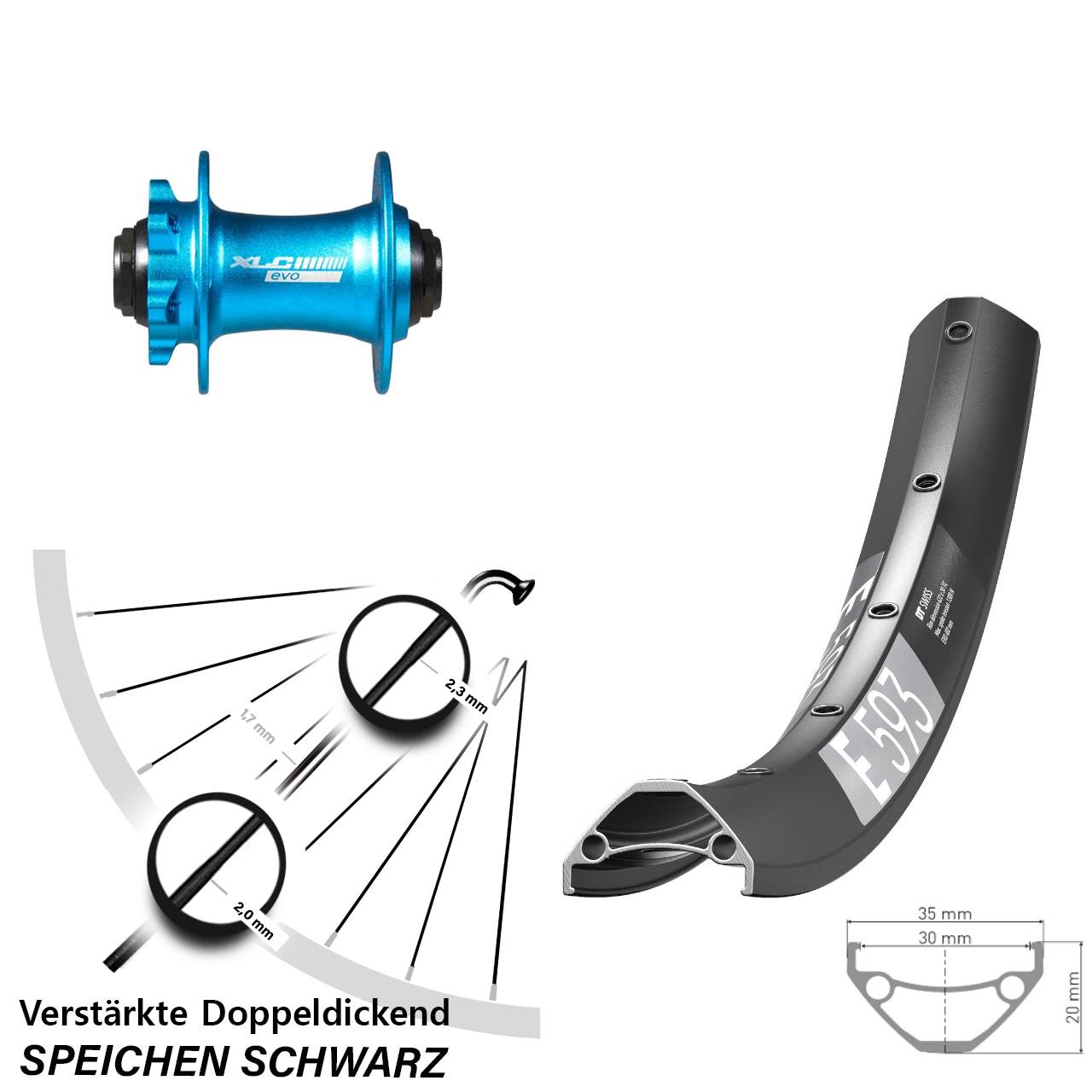 DT Swiss E593 XLC Evo blau 27,5 Zoll Disc Laufrad 15x100