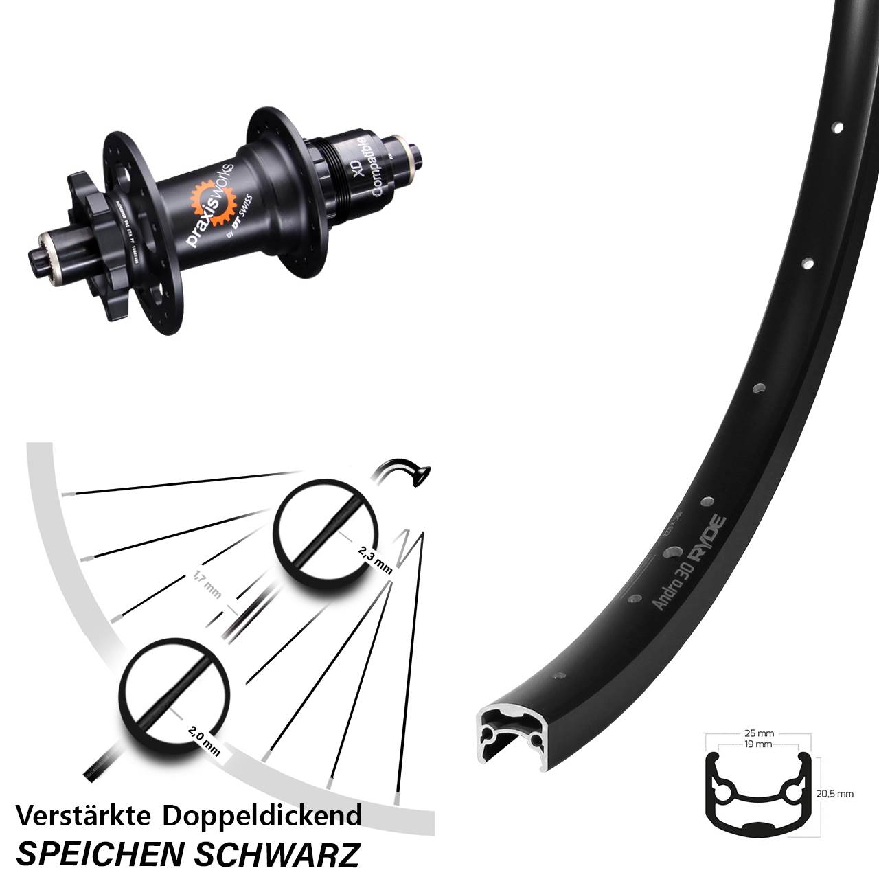 Ryde Andra 30 Disc DT Swiss 350 28-29 Zoll 6-Loch Hinterrad QR SRAM XD