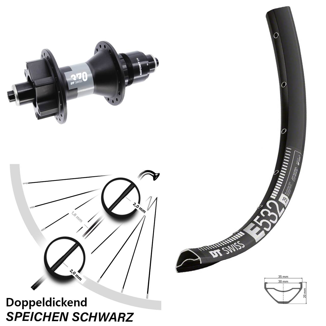 27,5 Zoll DT Swiss E 532 370 Boost Hinterrad 6-Loch QR SRAM XD