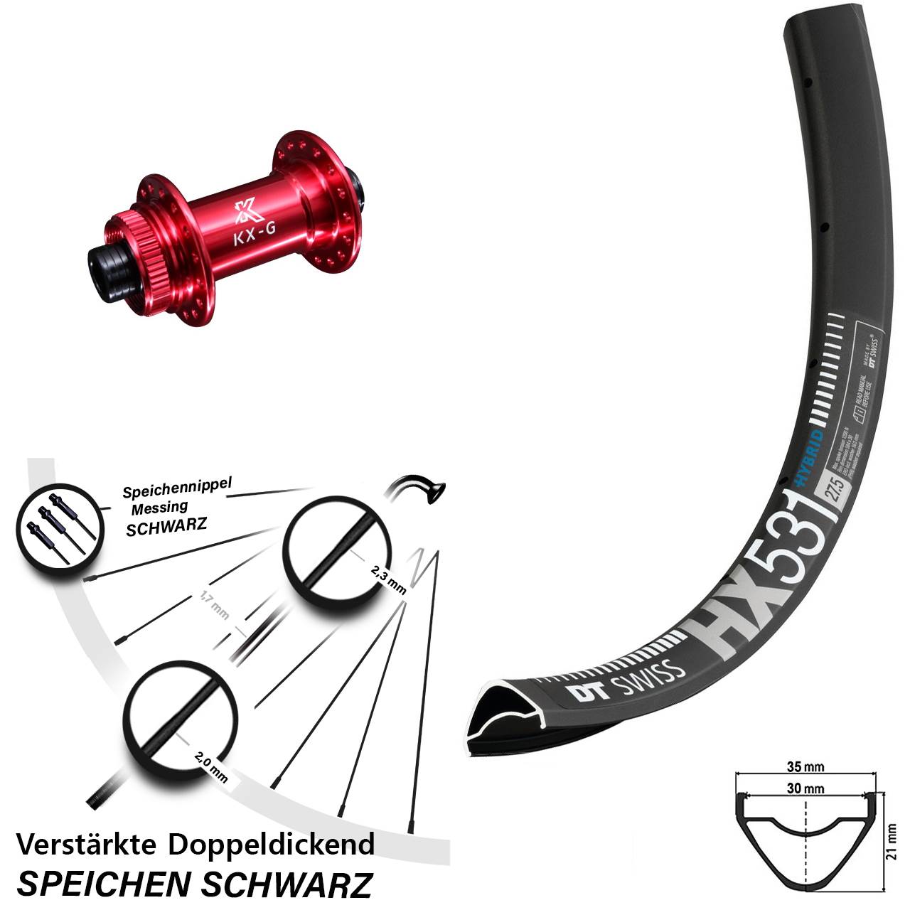 Centerlock Vorderrad 15x100 29 Zoll DT Swiss HX531 KX-G rot