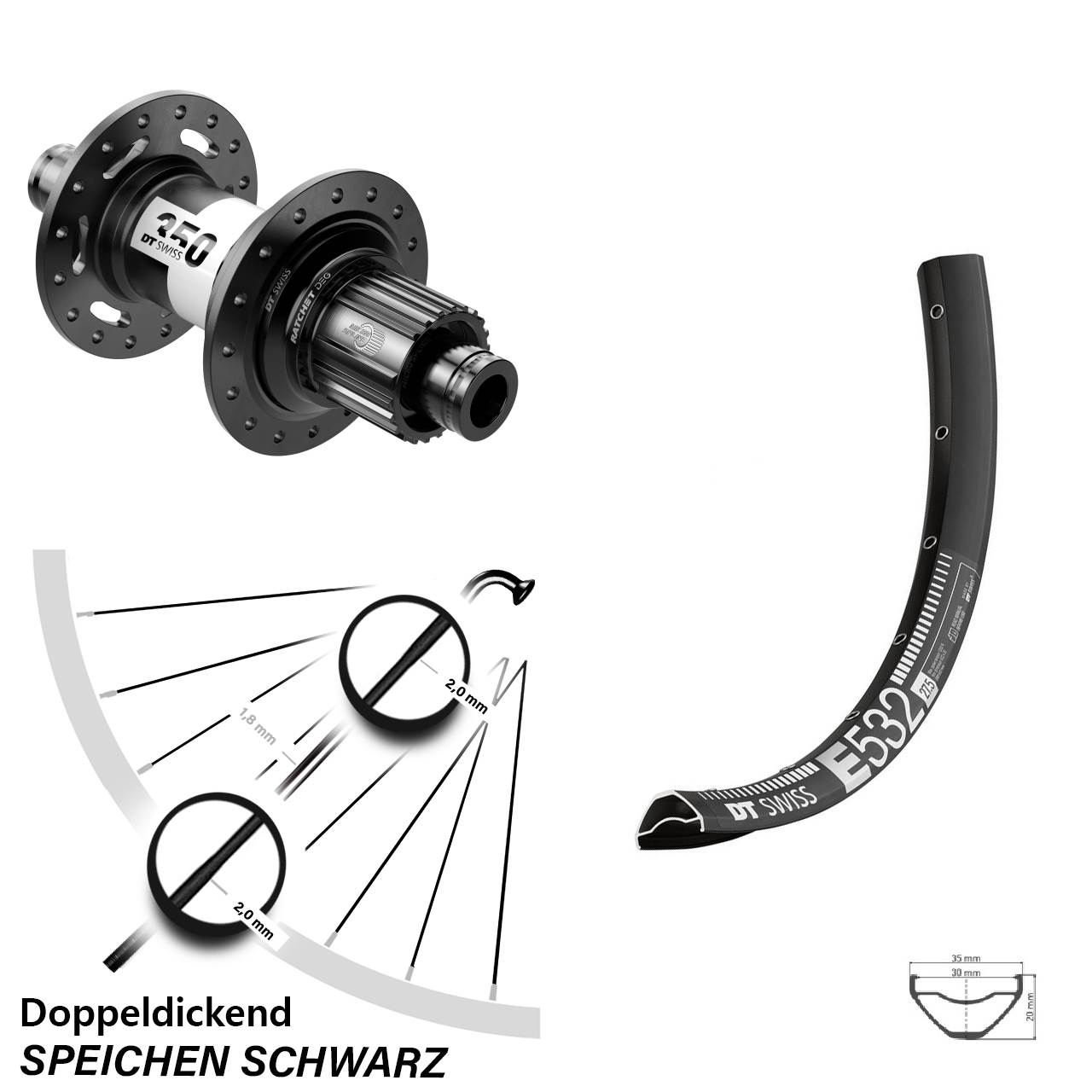 29 Zoll DT Swiss E 532-350 DEG72 Centerlock Hinterrad 12x148 Micro Spline