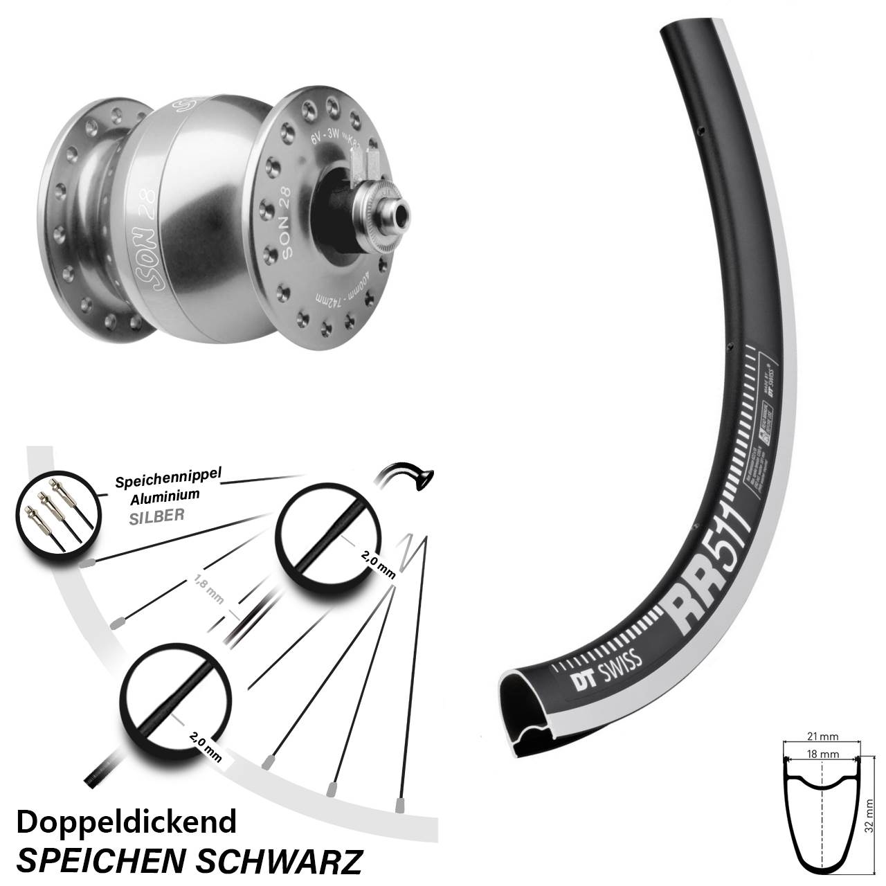 DT Swiss RR511 SON 28 Zoll Dynamo-Vorderrad für Schnellspanner