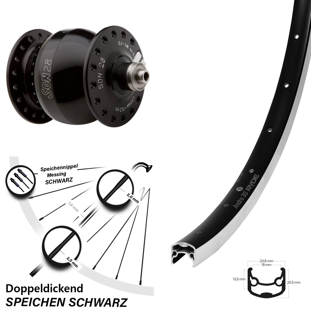 26 Zoll Ryde Andra 30 Nabendynamo Vorderrad SON 28 schwarz