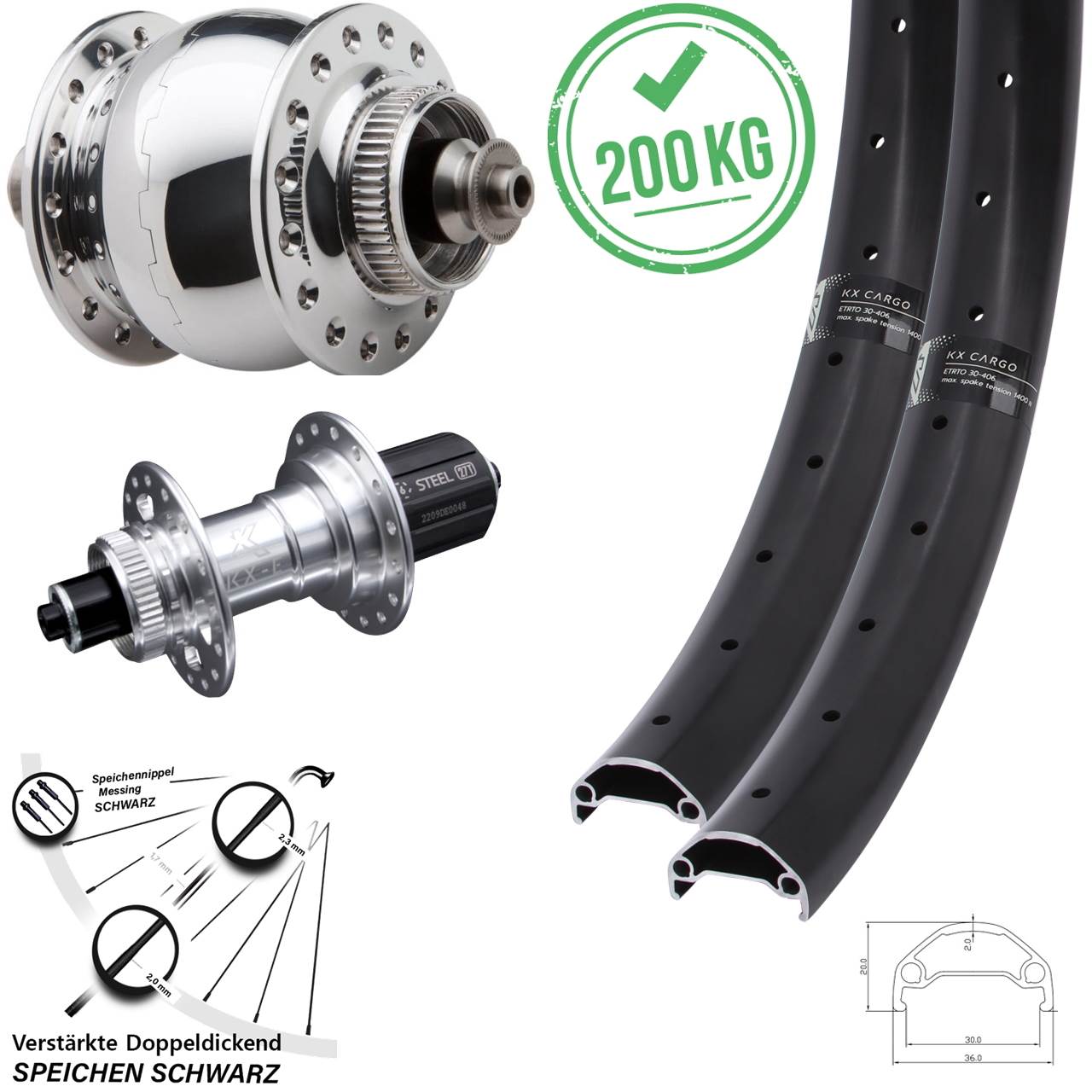 KX-E Cargo SON 28 poliert 20/26 Zoll Centerlock Laufradsatz QR 8-12 fach HG