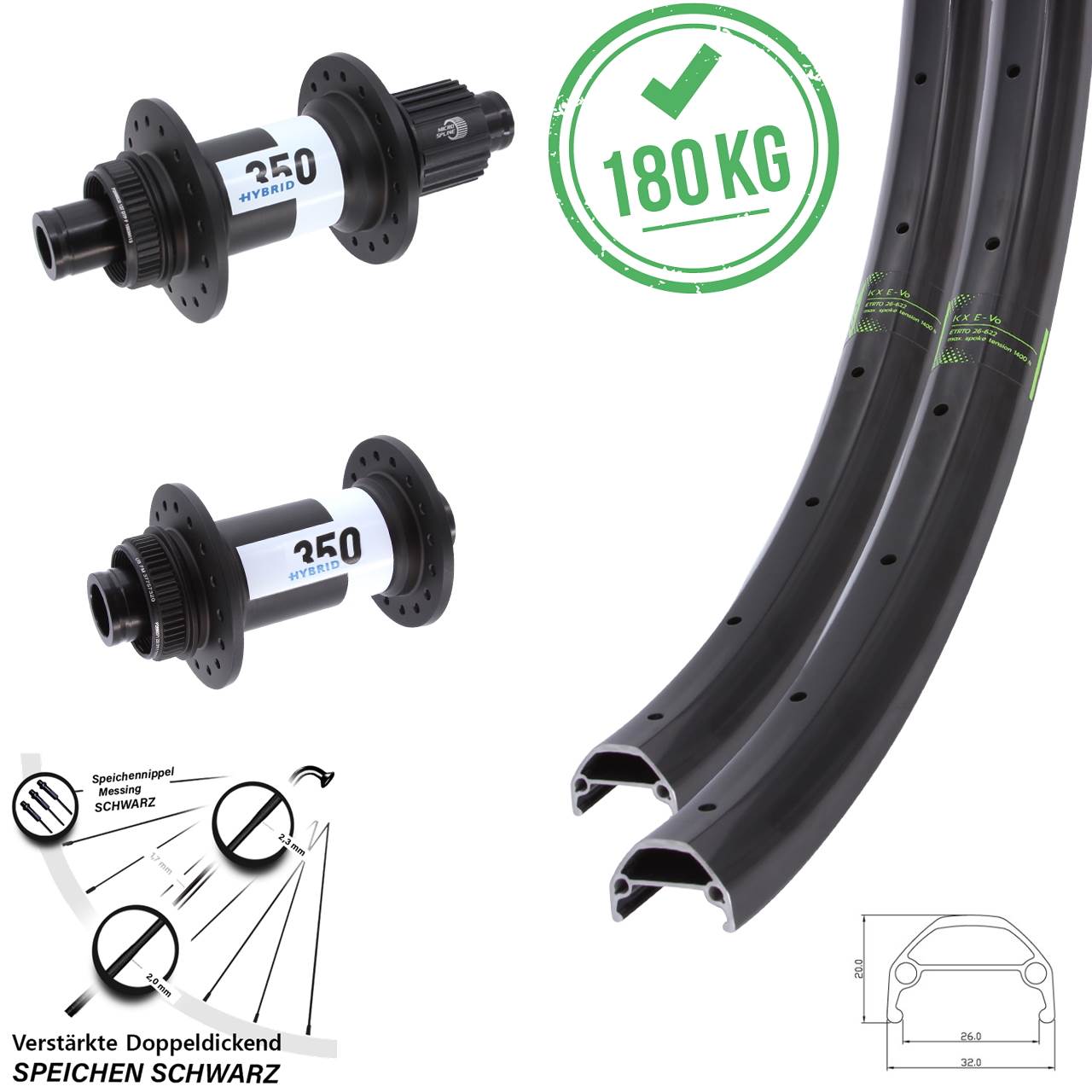 29 Zoll KX Evo DT Swiss 350 Hybrid Laufrad-Satz 15x110 12x148 Boost Shimano Micro Spline