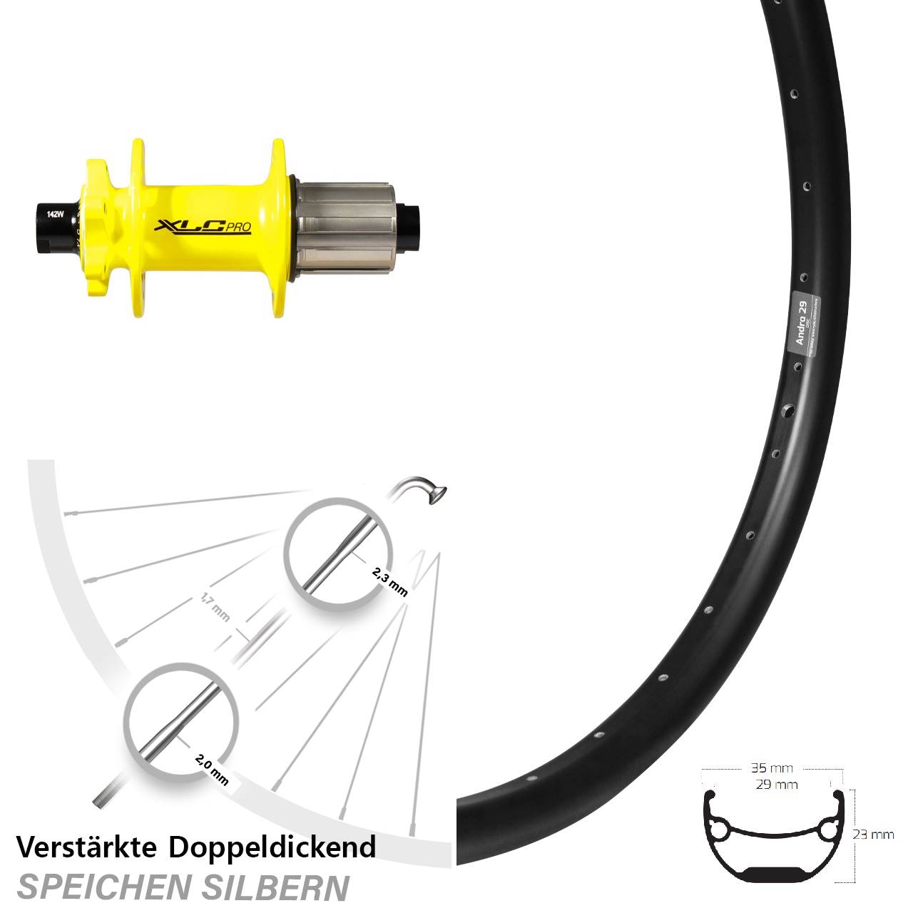 Hinterrad 6-Loch 12x142 20 Zoll Ryde Andra 29 XLC gelb 8-11 fach