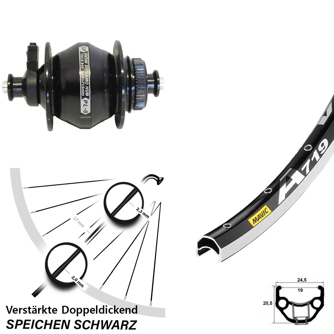 Nabendynamovorderrad QR 28 Zoll Mavic A 719 Shutter Precision PL-8