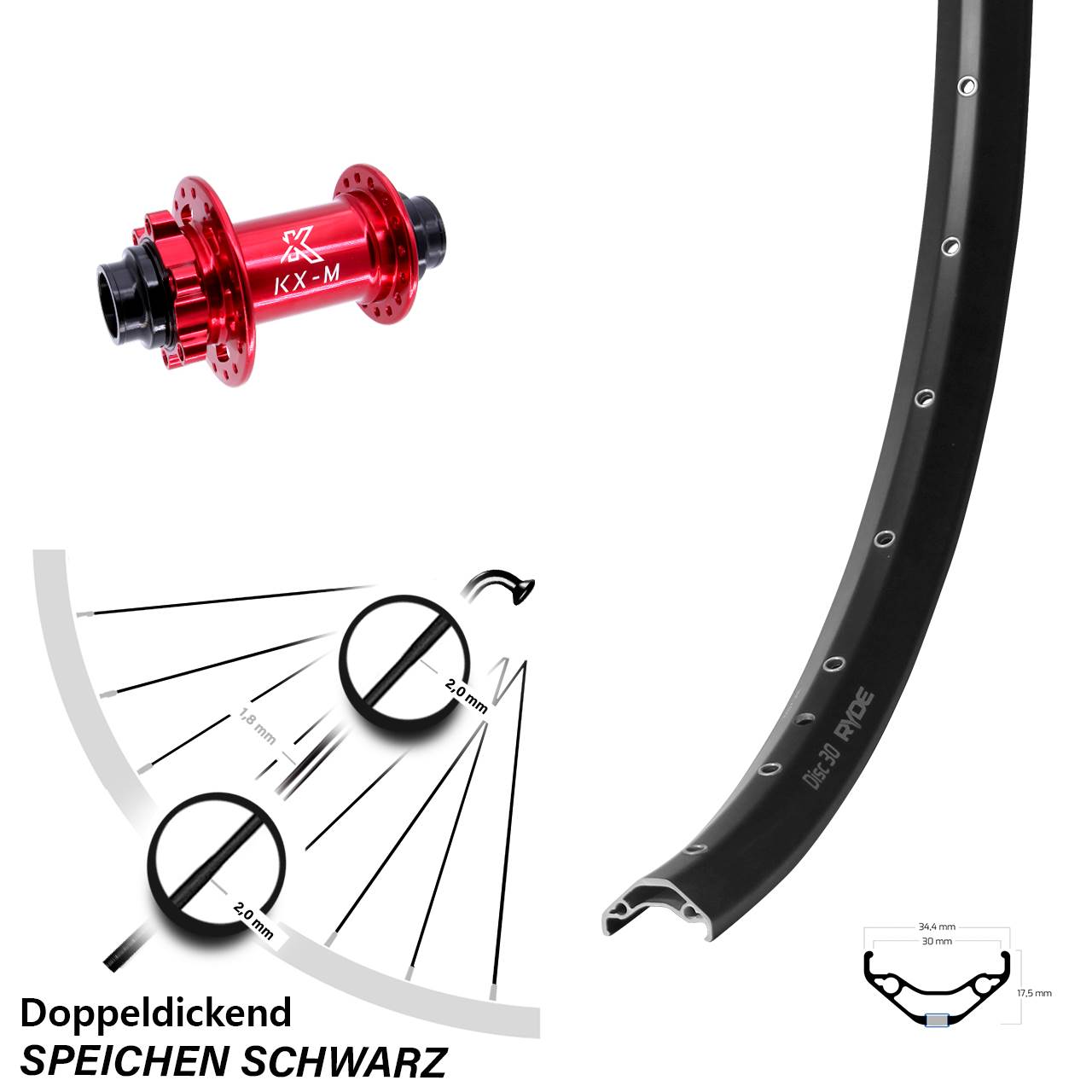 29 Zoll Ryde Disc 30 KX-M 6-Loch Vorderrad 20x110 non Boost