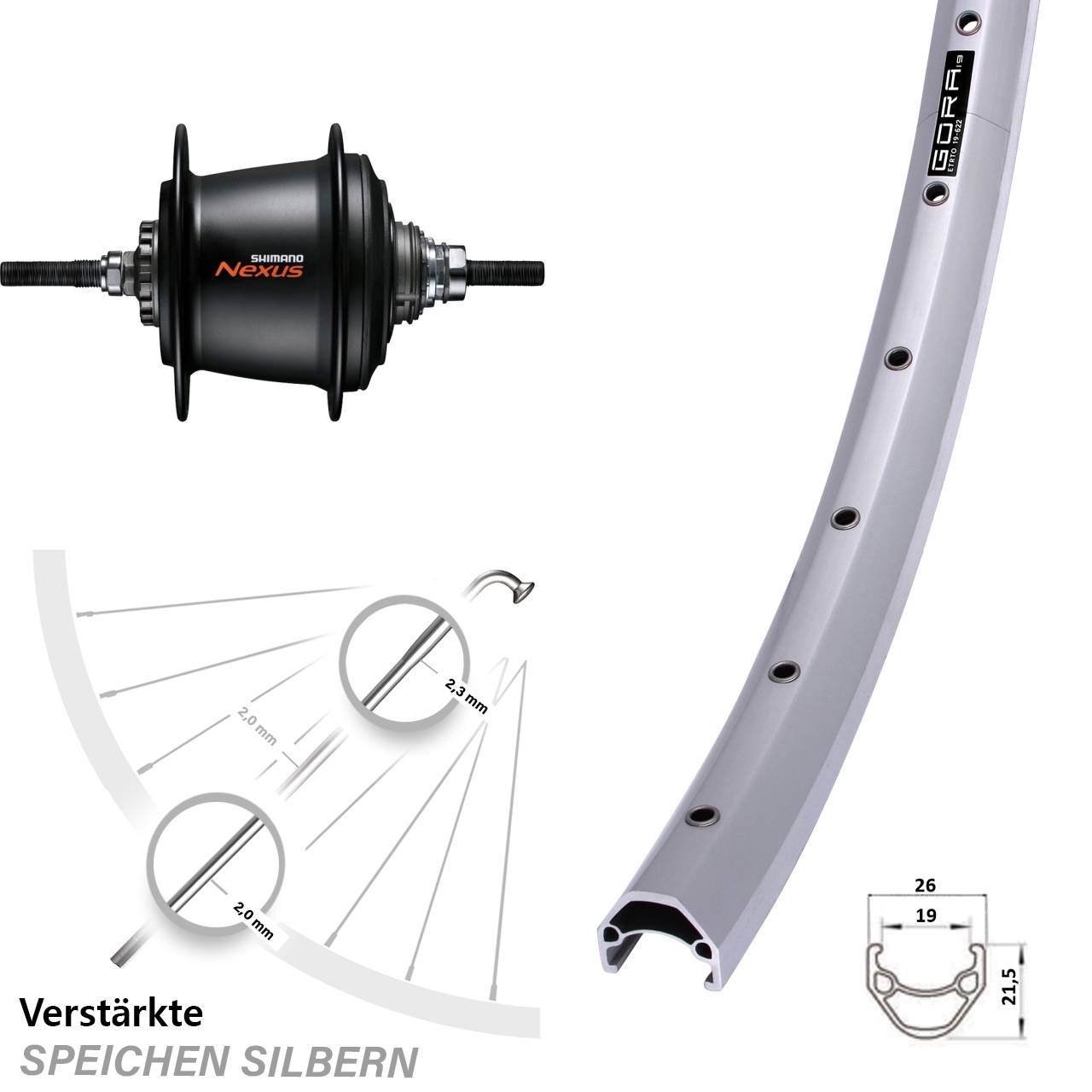28 Zoll Hinterrad Gora 19 silbern Shimano 7 Gang Nexus Freilauf