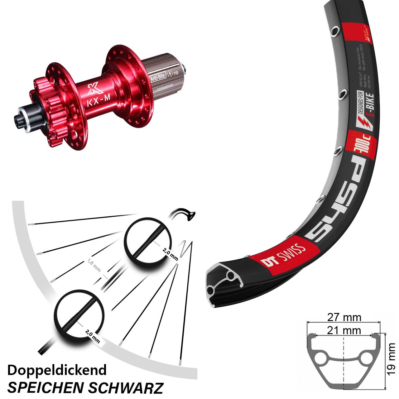6-Loch Hinterrad 26 Zoll DT Swiss 545d KX-M rot 8-12 fach HG für Schnellspanner