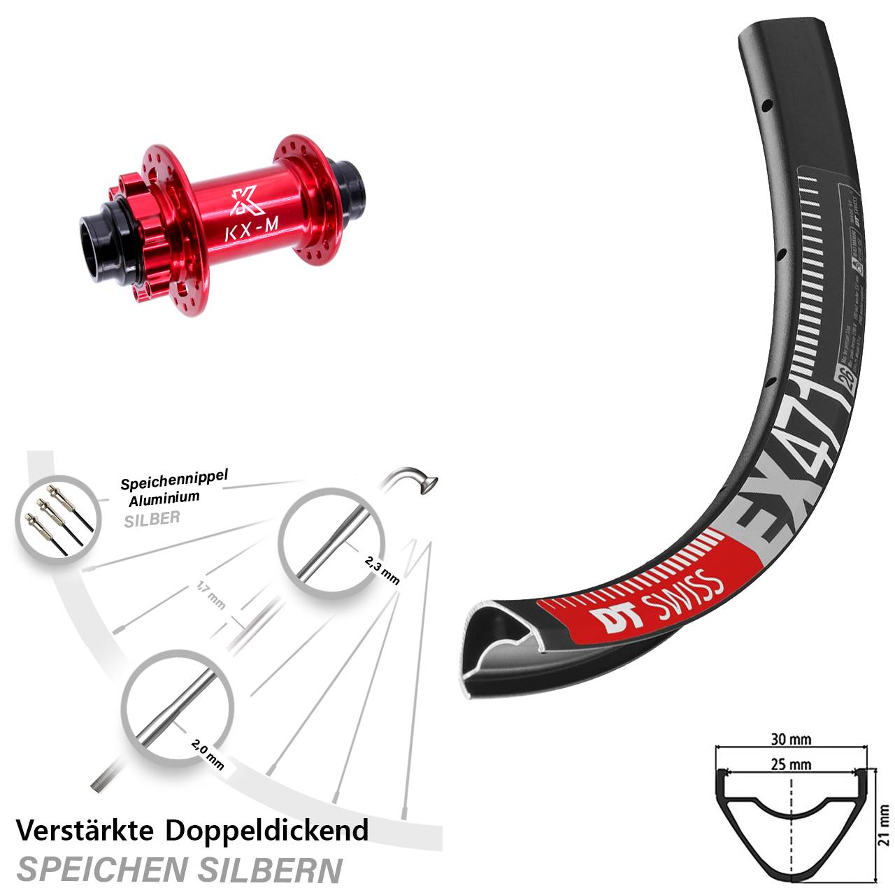 Vorderrad 6-Loch 20x110 (DH alt) 26 Zoll DT Swiss EX471 KX-M rot