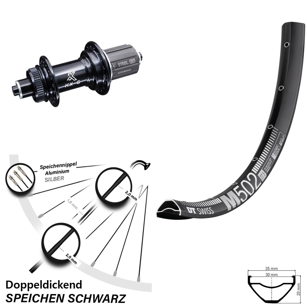 Hinterrad 29 Zoll DT Swiss M 502 KX-GS 8-12 fach