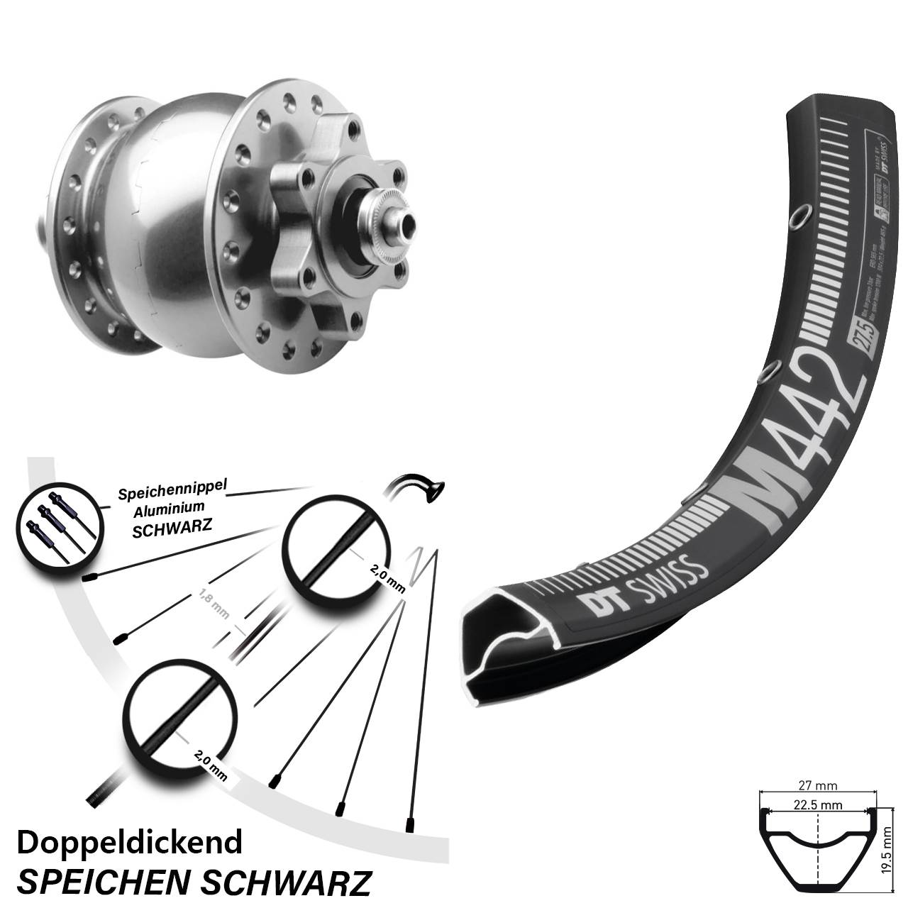 6-Loch Vorderrad mit Nabendynamo QR 29 Zoll DT Swiss M442 SON 28