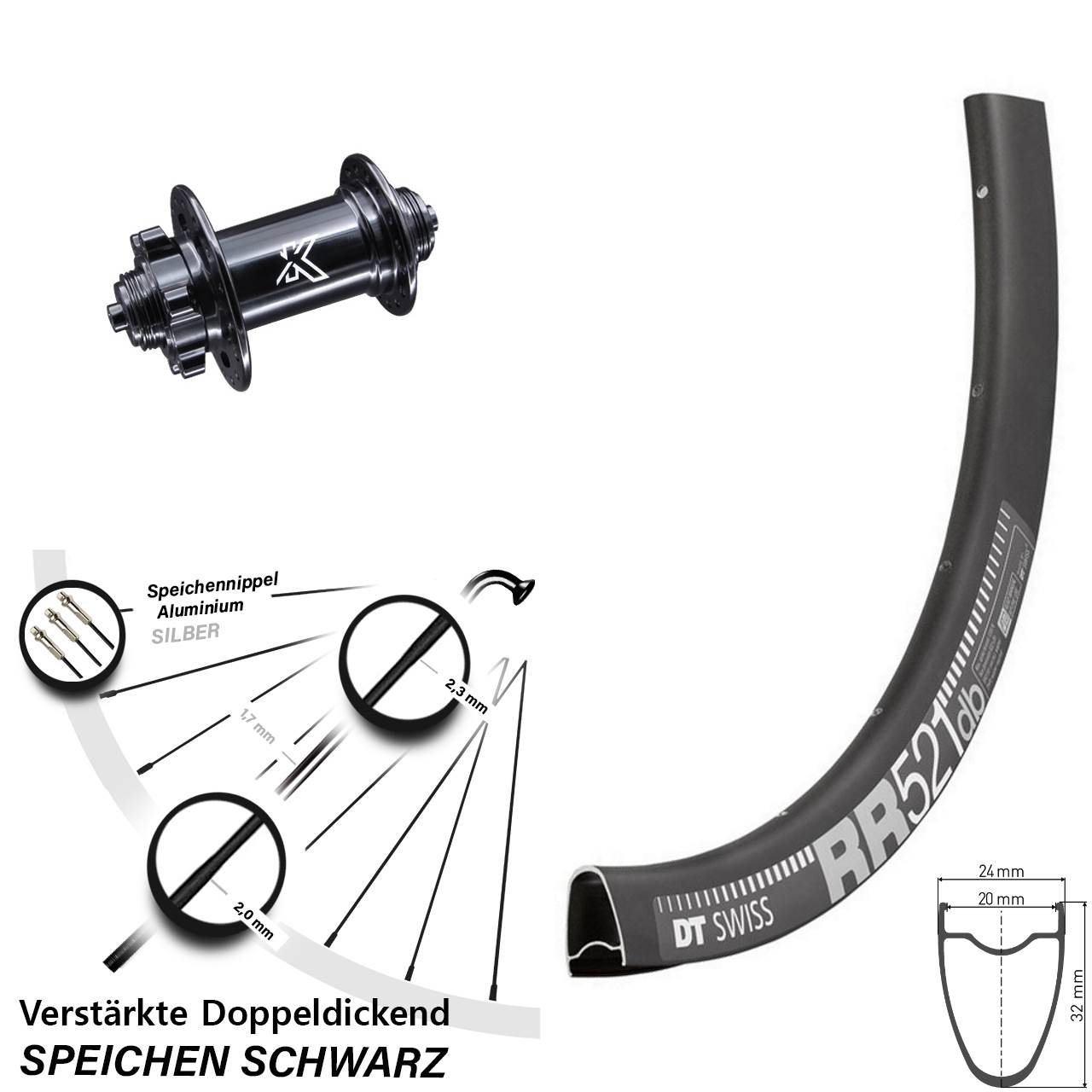 Vorderrad 6-Loch 28 Zoll DT Swiss RR 521 KX-M für Schnellspanner