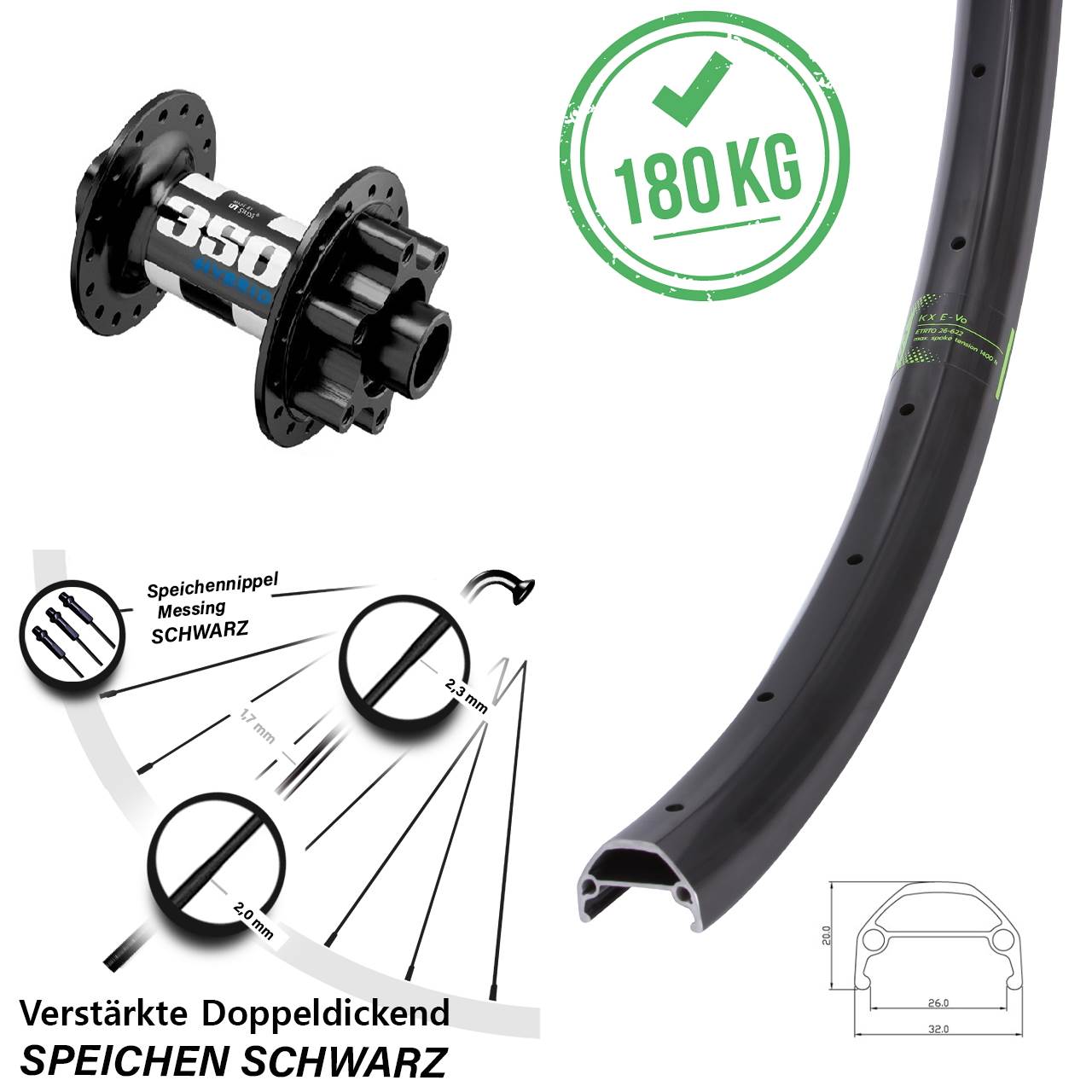 29 Zoll KX Evo DT Swiss 350 Hybrid 6-Loch Vorderrad 15x110 Boost Lastenrad