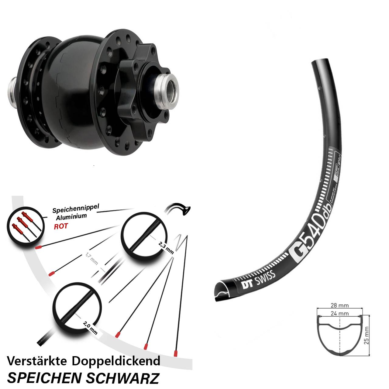 Nabendynamo SON 28 Disc 6-Loch 12x100 Steckachse DT Swiss G540 Vorderrad 27,5 Zoll schwarz
